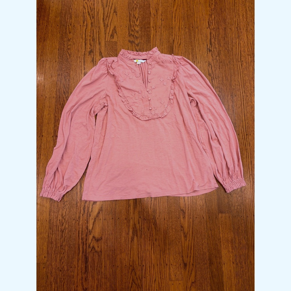 Boden Pink Embroidered Ruffle Bib Long Sleeve Slub Jersey Top Womens 8